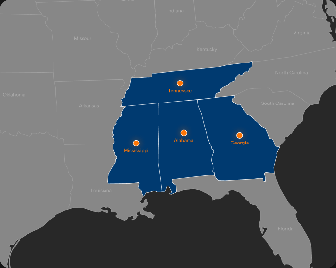 Map of Southeast service areas: Georgia, Tennessee, Alabama, and Mississippi